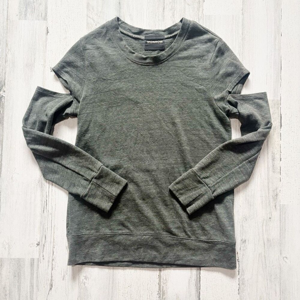 Monrow Olive Long-Sleeve Cutout-Shoulder Crewneck Sweater Size S